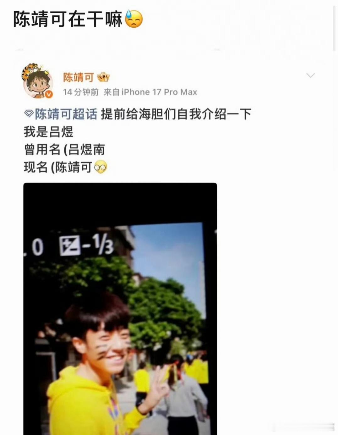 演员番位新规出来后，陈靖可向粉丝介绍说自己叫吕煜，曾用名吕煜南，他待播剧女主分别