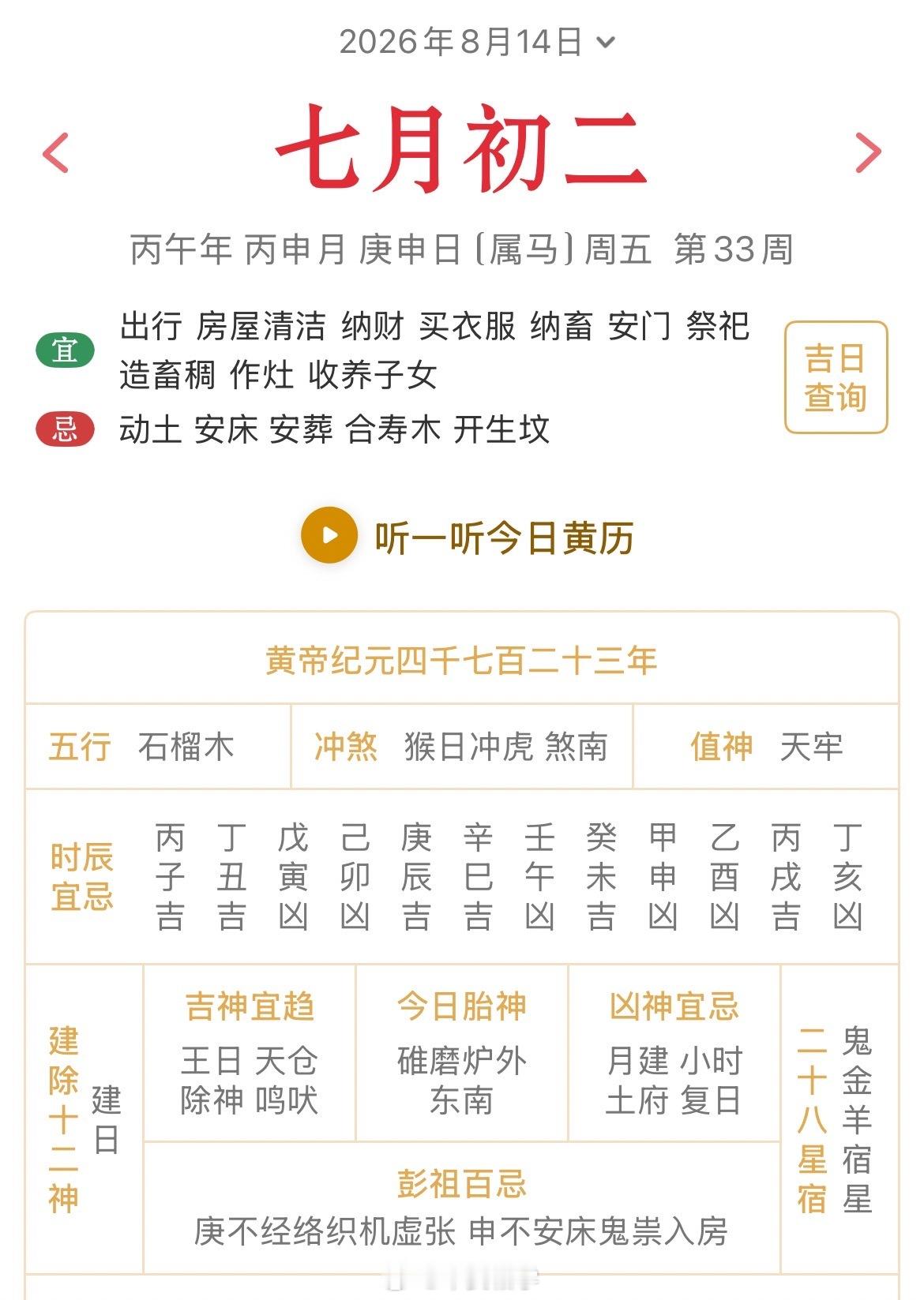 十二生肖每日简运 仅供参考2026.8.14丙午年丙申月庚申日庚申天克地冲甲寅：
