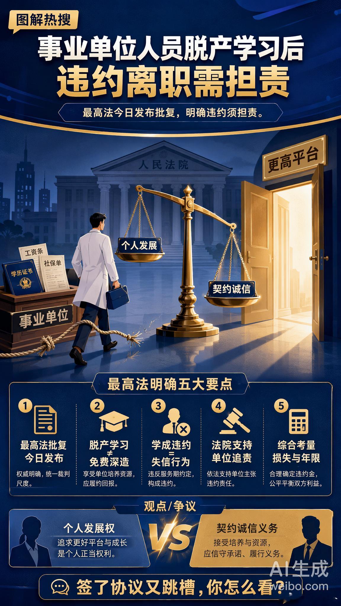 事业单位人员脱产学习后违约离职需担责 最高法今日发布批复，给这类争议定了调：事业