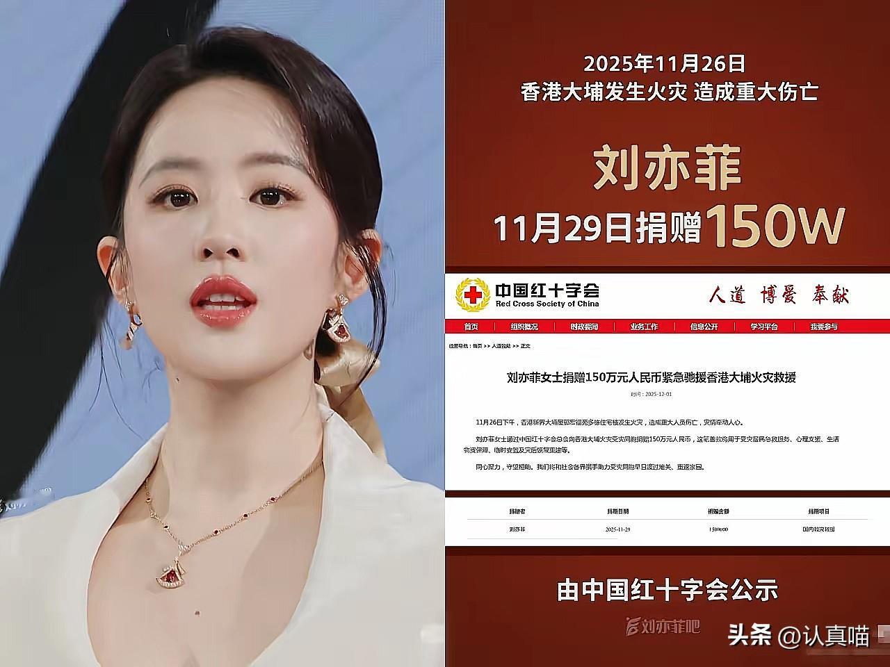要不是红十字会“不小心”露了馅，
谁能想到刘亦菲又偷偷干了件事？
香港大火刚冒头