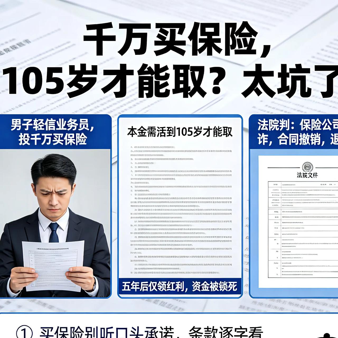 千万买保险，105岁才能取？太坑了！
 
男子轻信业务员，投千万买保险，本想灵活