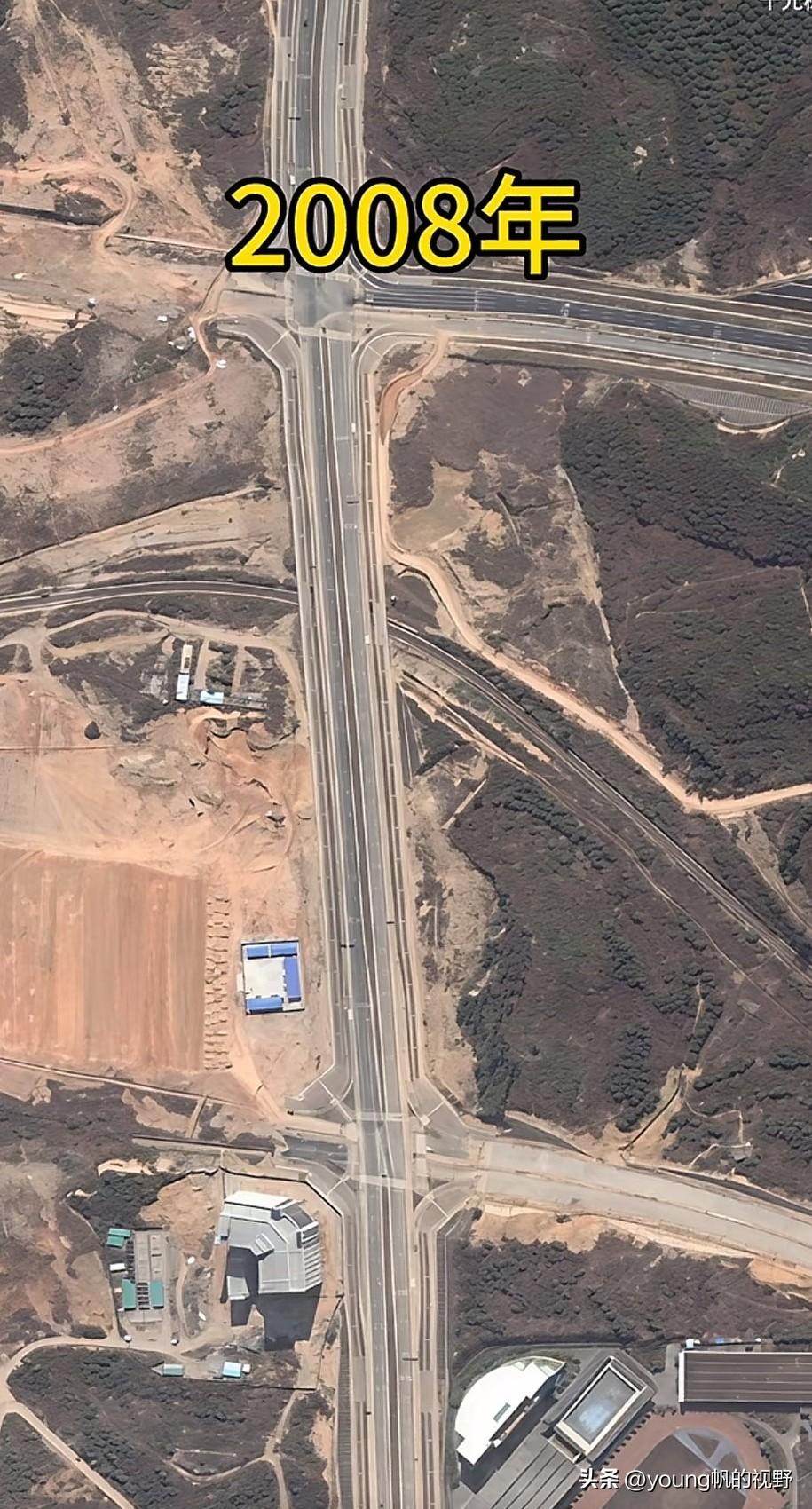 卫星拍摄照片显示的深圳北站所在地2008年至2025年发生的变化。2008年的时