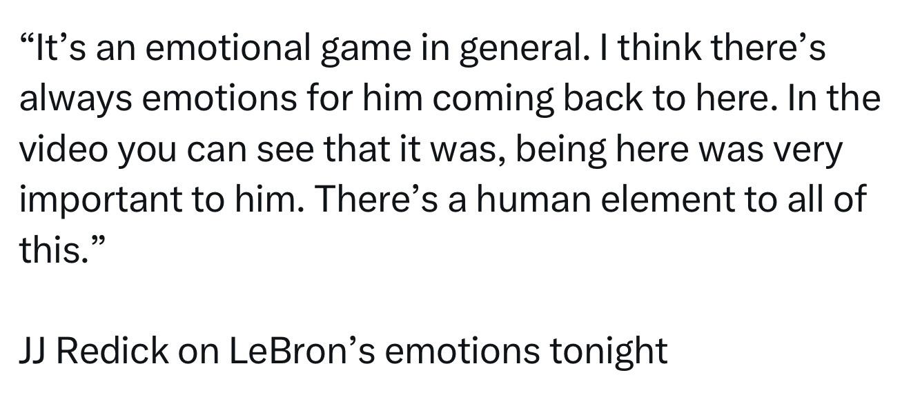 JJ·雷迪克谈及勒布朗今晚的情绪：“总的来说，这是一场充满情感的比赛。我想每次回