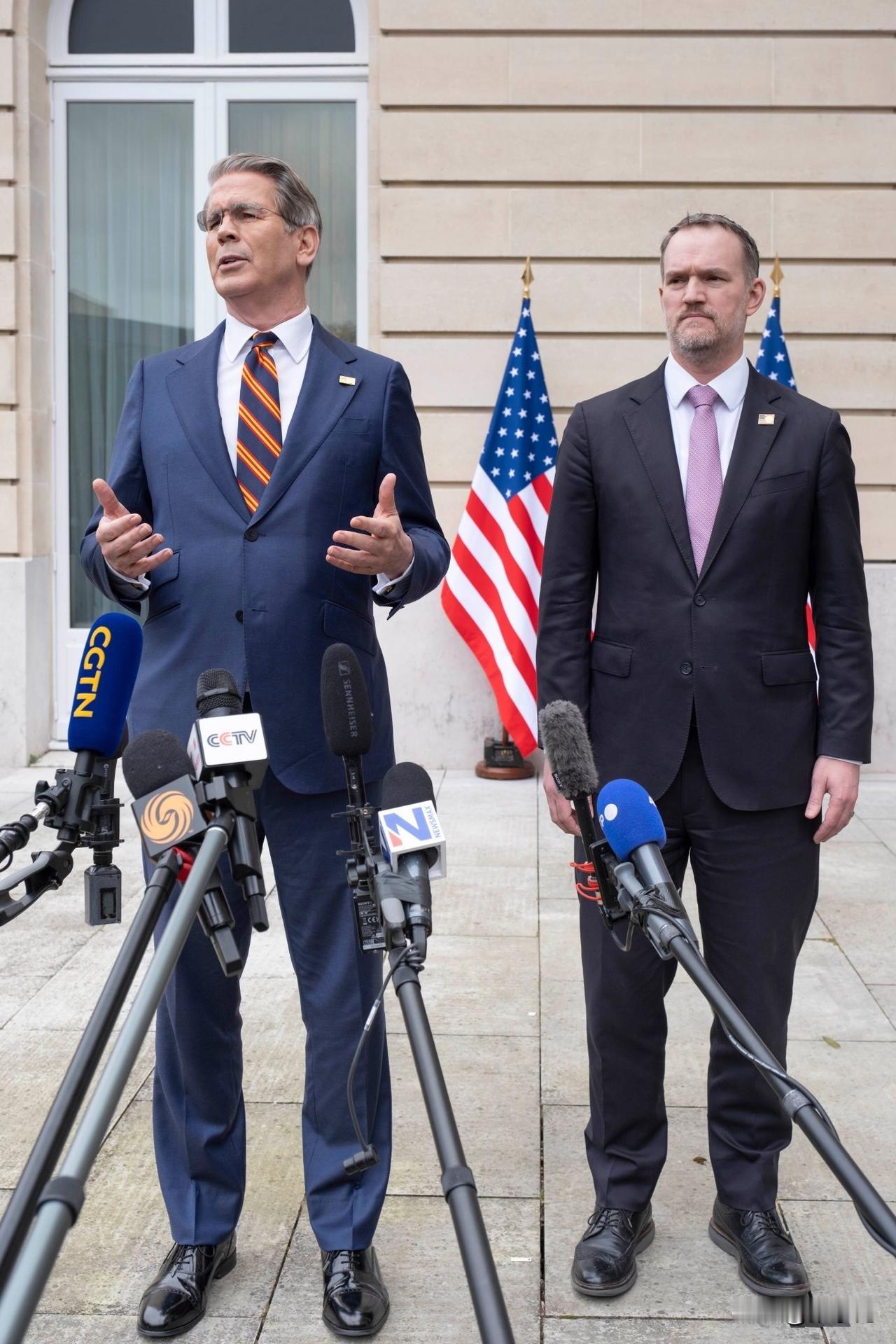 美国财政部长贝森特今天发文说：“我与美国贸易代表代表美国总统，在法国巴黎同中国副