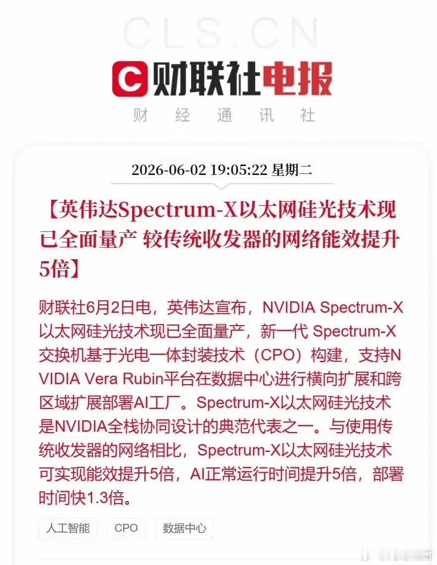 英伟达刚刚宣布，Spectrum-X以太网硅光技术现已全面量产。这意味着基于光电