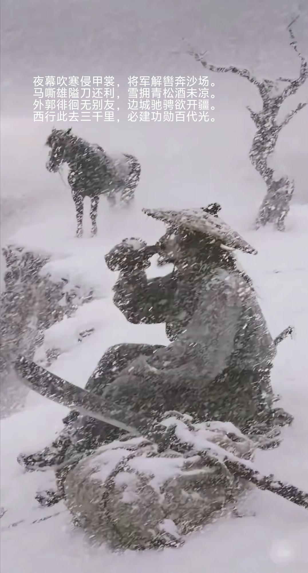 七律.夜奔
夜幕吹寒侵甲裳，将军解辔奔沙场。
马嘶雄隘刀还利，雪拥青松酒未凉。