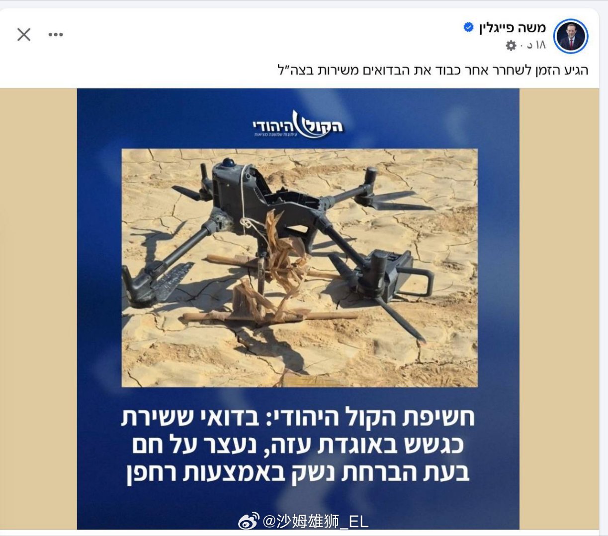 一名贝都因裔的以色列国防军士兵因使用无人机走私武器而被捕后，以色列议员摩西·费格