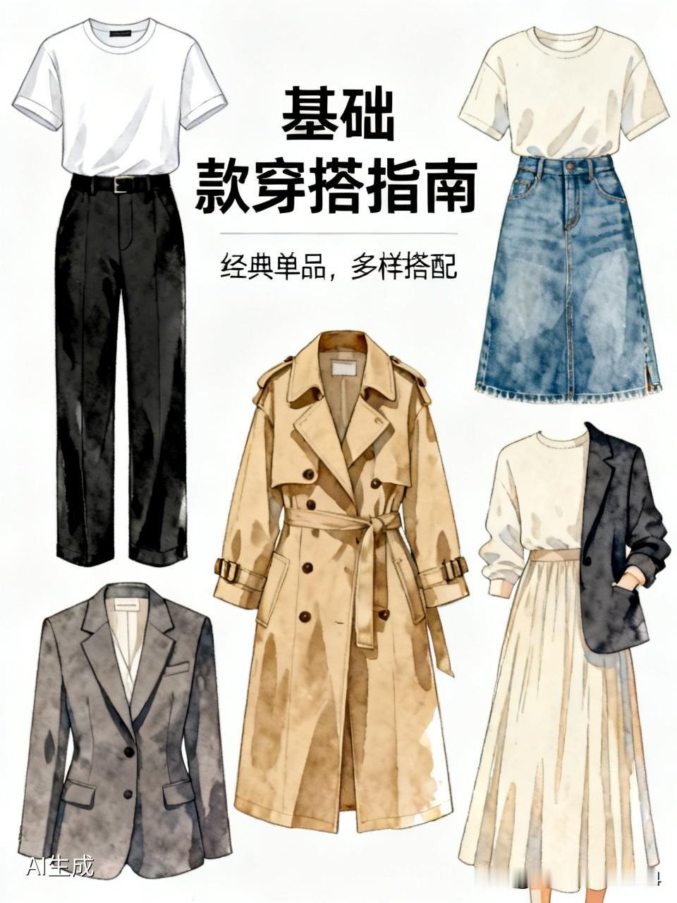 时尚穿搭探讨基础款单品要多备，好搭配。像经典的白T恤、黑直筒裤、卡其色风衣等基础