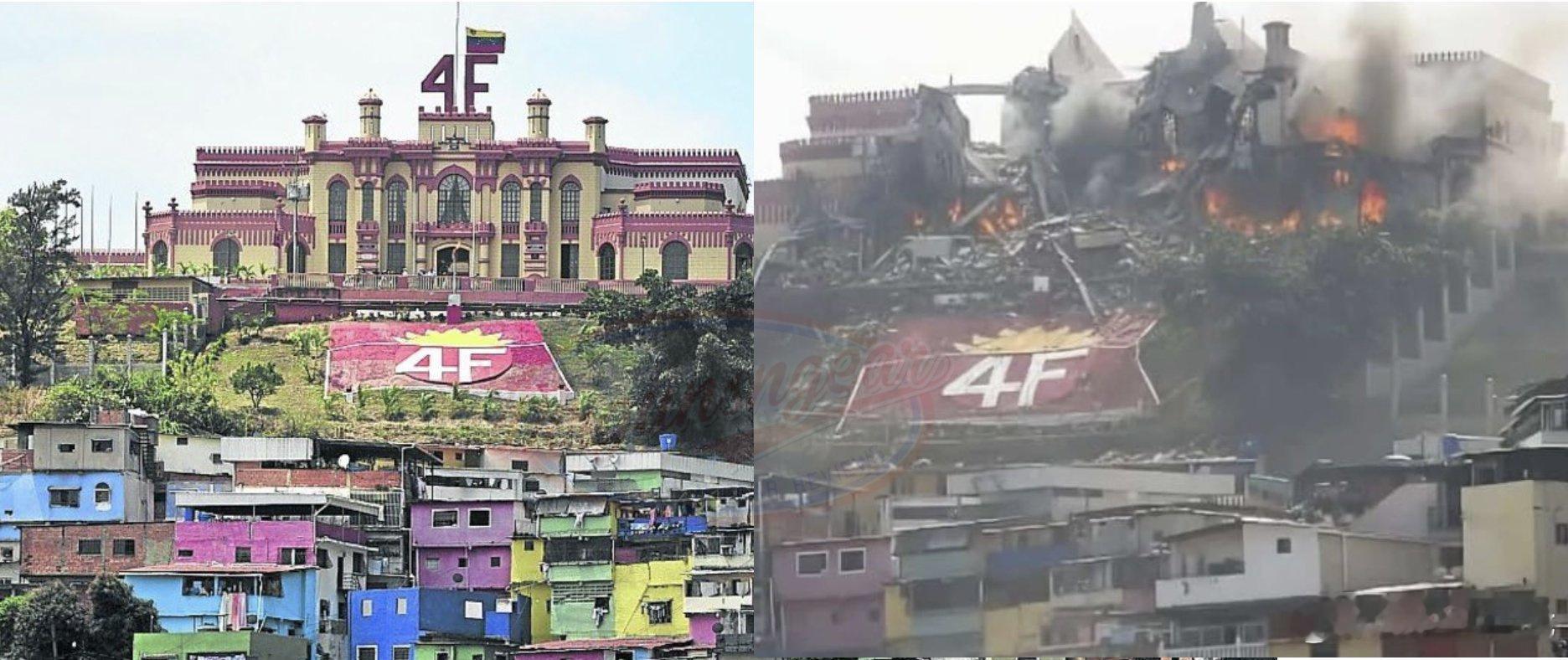 查韦斯陵寝所在地，即委内瑞拉加拉加斯军事博物馆，精确轰炸打击前后对比图。特朗普称