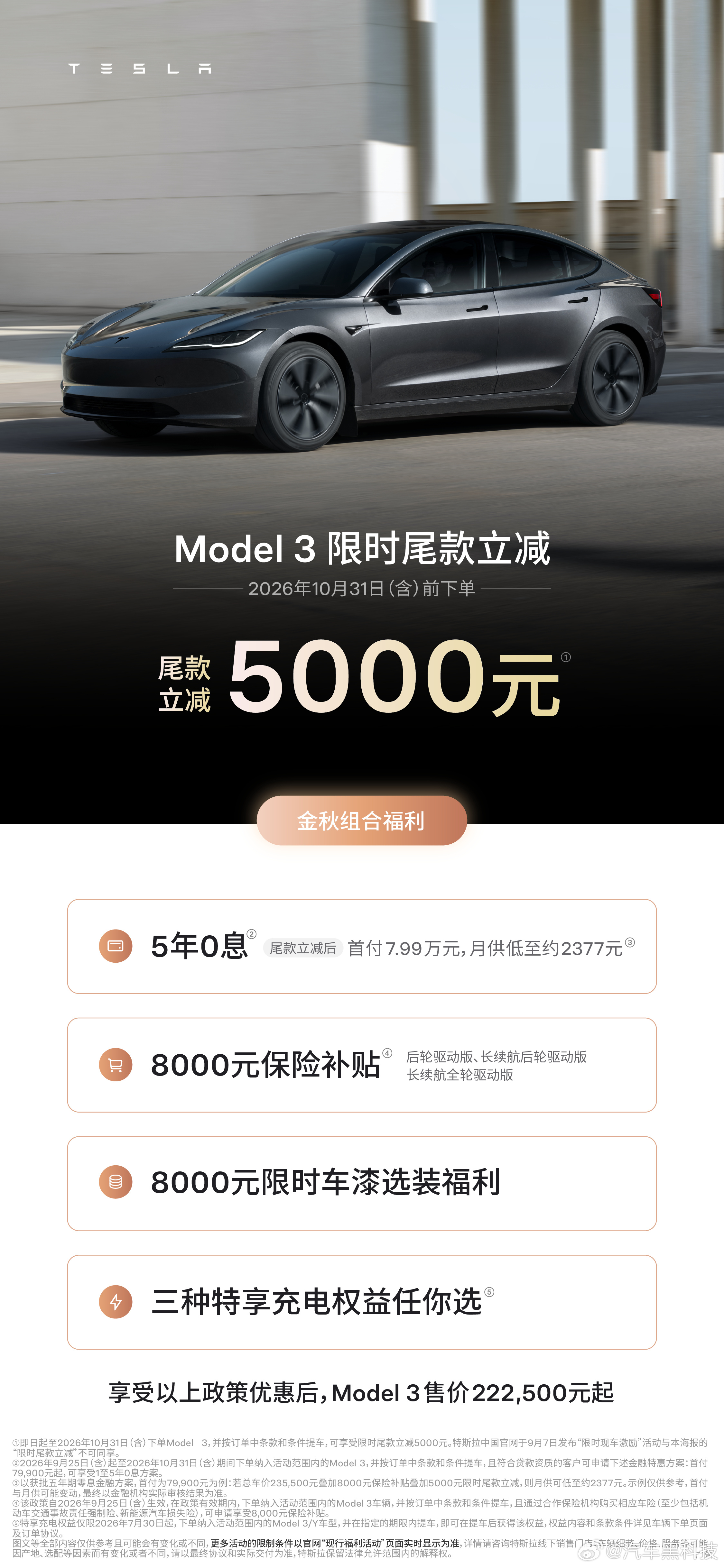 特斯拉部分车型尾款立减最高7000元 9月25日，宣布，2026年10月31日（