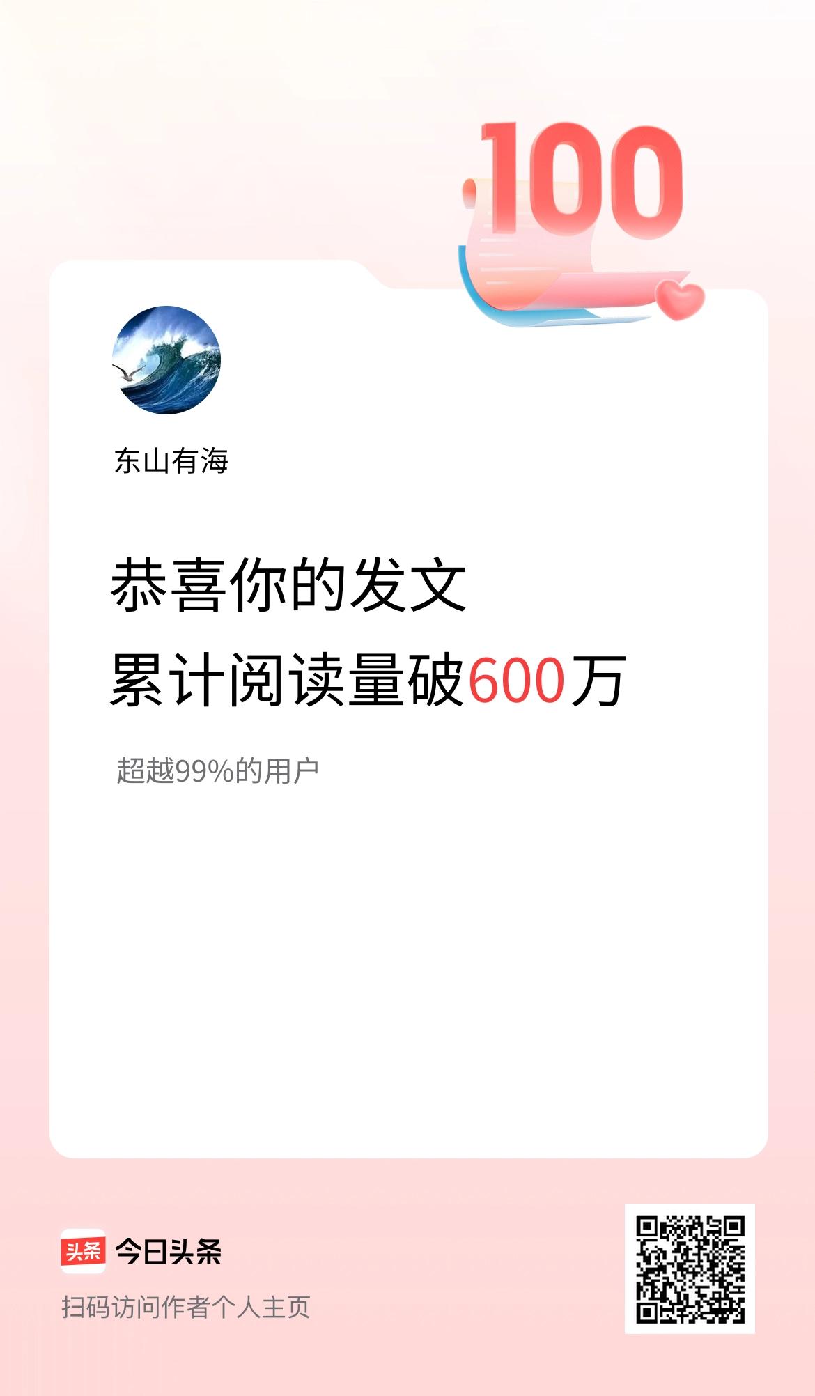 🤝我在头条累计获得阅读量破600万啦！