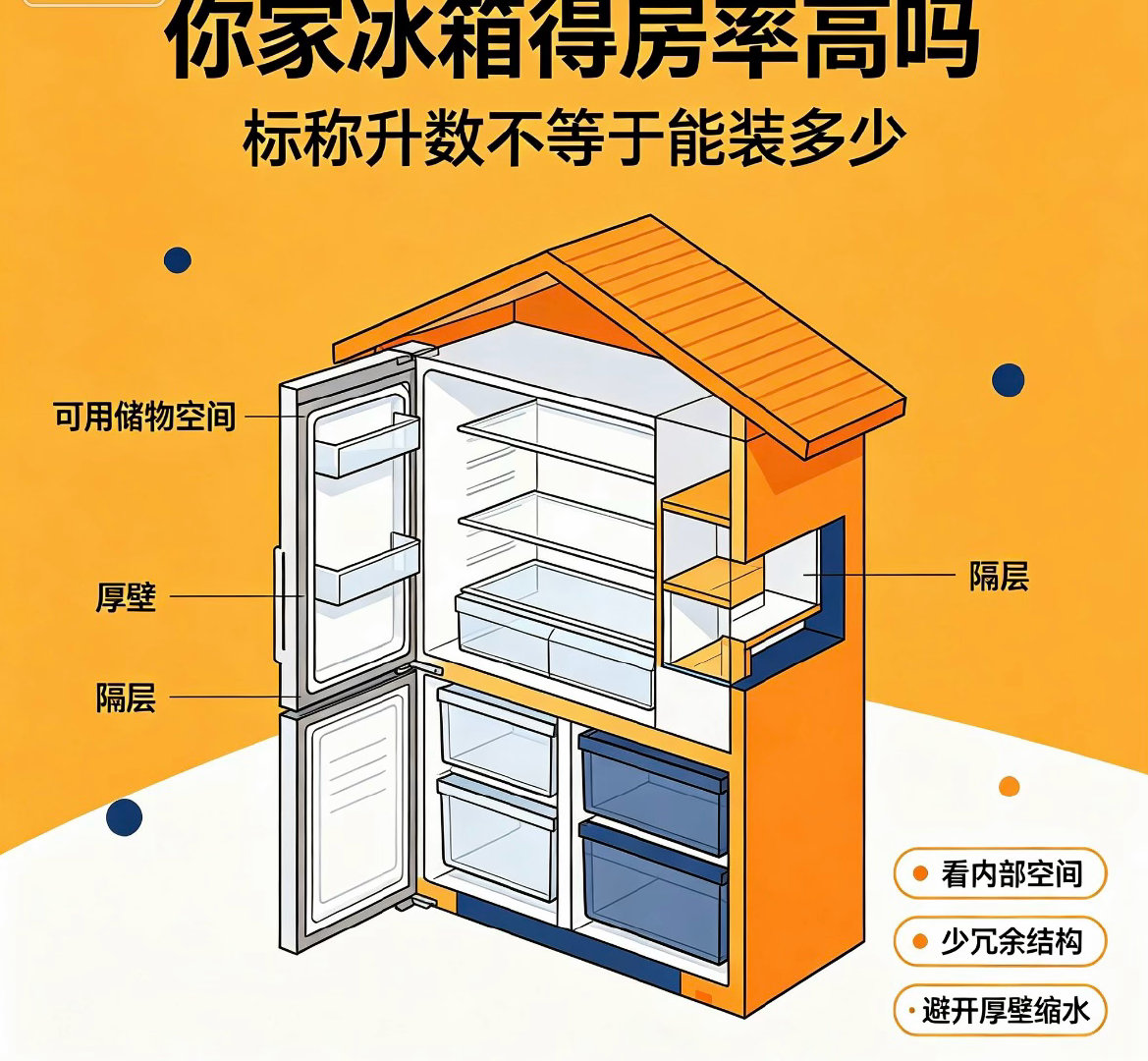 冰箱得房率指实际可用容积，可用实际容积÷标称总容积得出。优先选择内部结构简洁的机