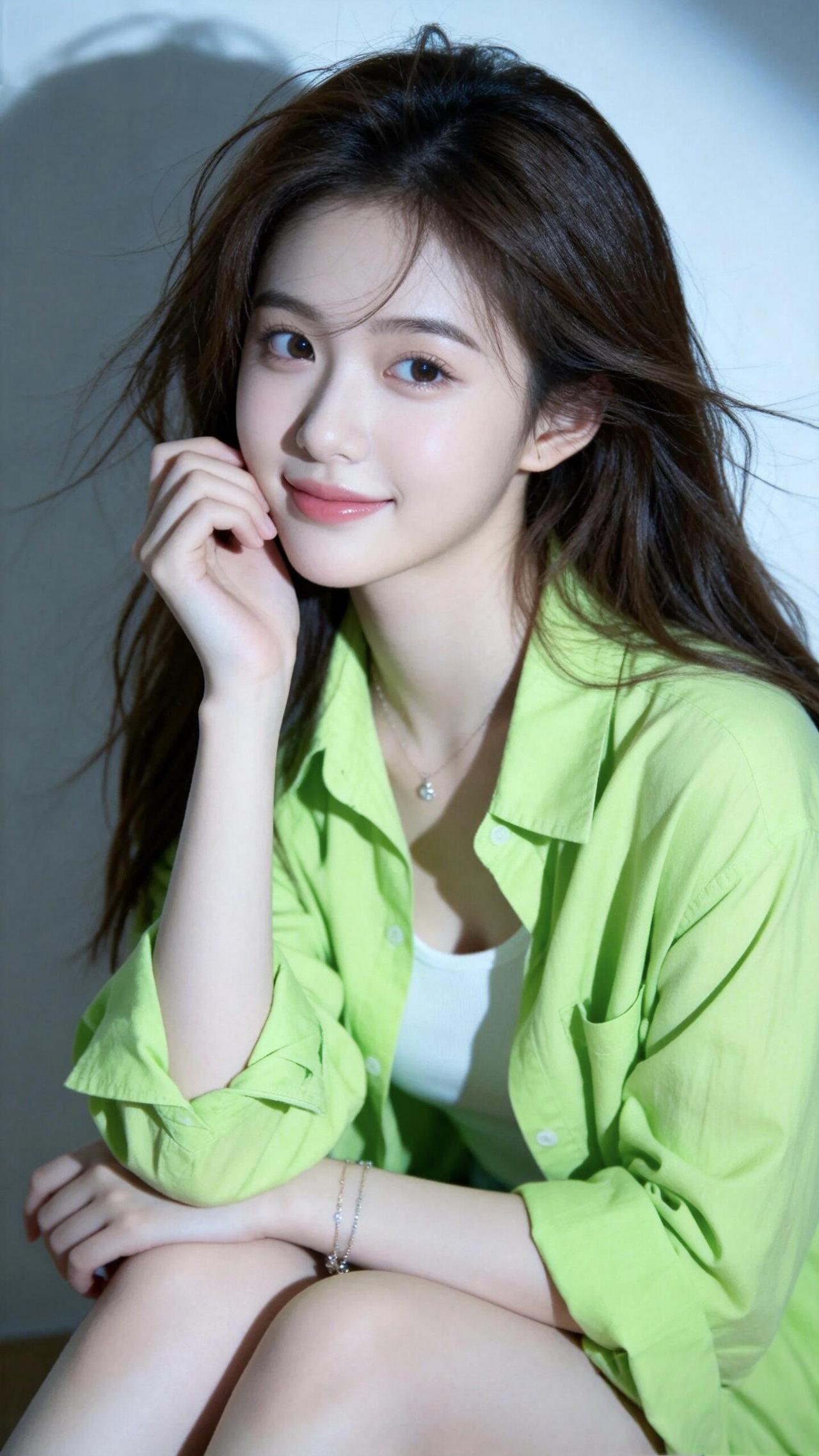 绿衫美人倚，笑语如春风。