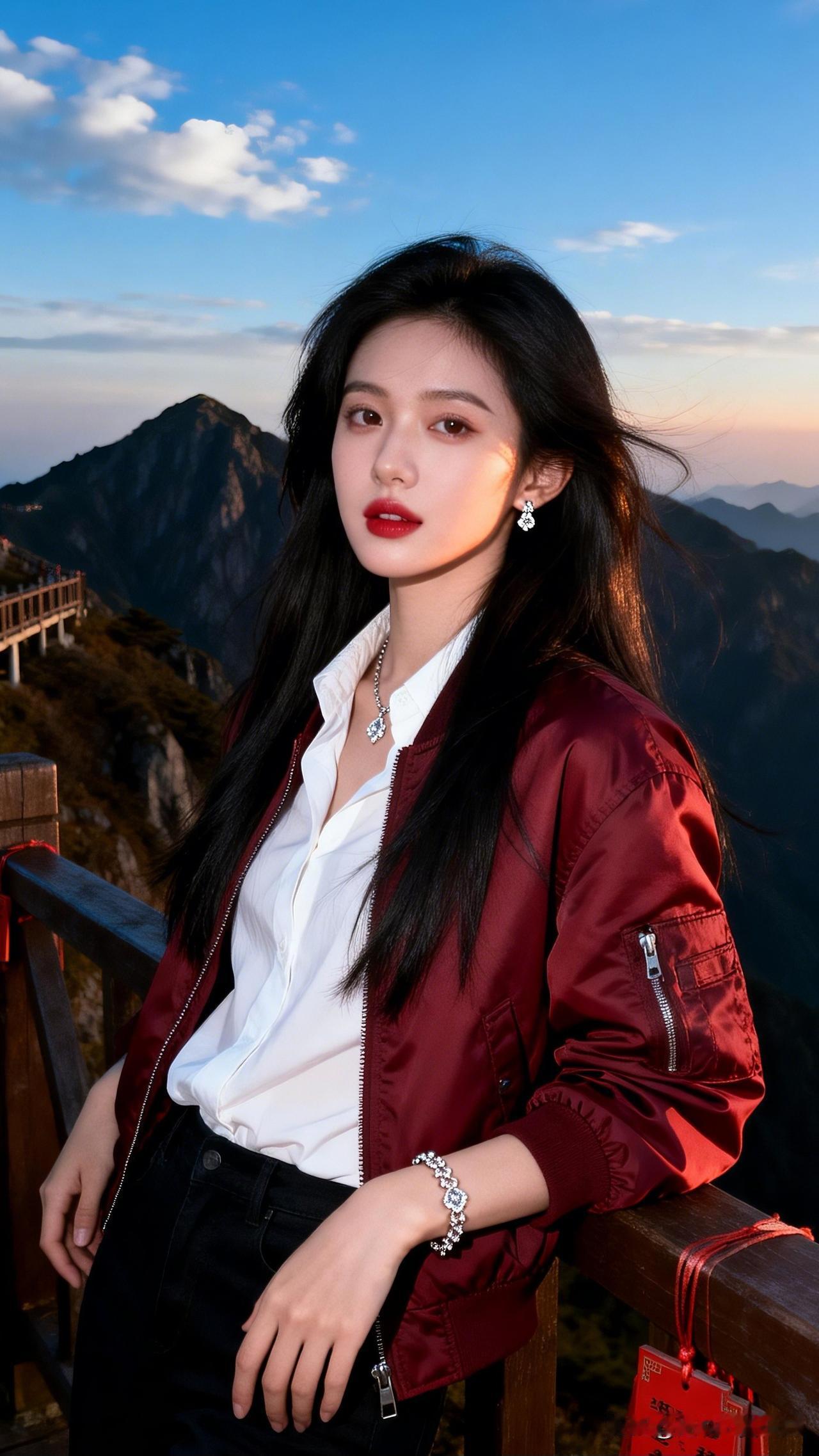 山高水长，红衣美女倚栏而立。优雅自信穿搭分享 山间少女 在山顶俯瞰群山，感受大自