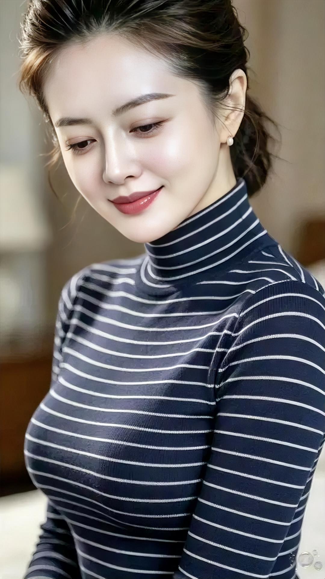 条纹藏暖意，

高领轻拥颈。

珍珠耳畔静，

发丝挽成晴。

低眉笑微微，
