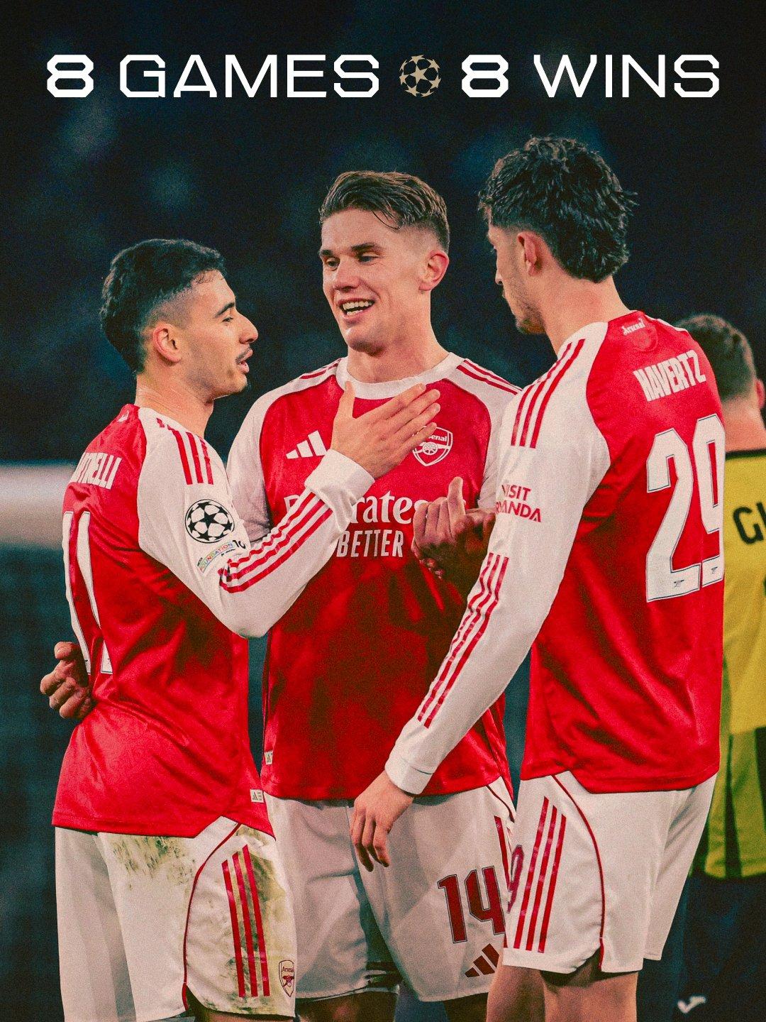 阿森纳欧冠联赛阶段八战全胜！
第1️⃣轮：毕尔巴鄂竞技 0-2 阿森纳
第2️⃣