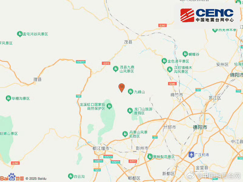 中国地震台网正式测定：12月13日06时52分在四川成都市彭州市（北纬31.37