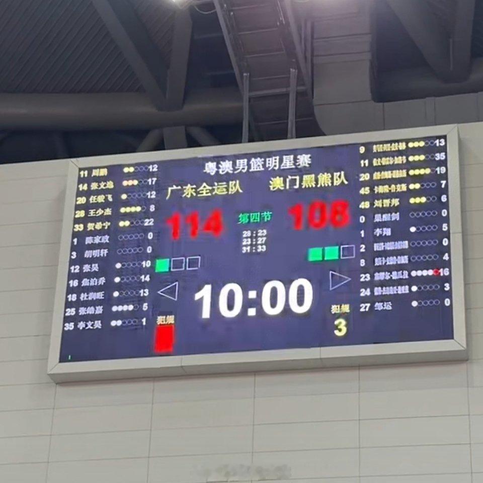在徐杰胡明轩双双缺阵情况下，广东全运男篮7人得分上双，以114-108战胜澳门黑