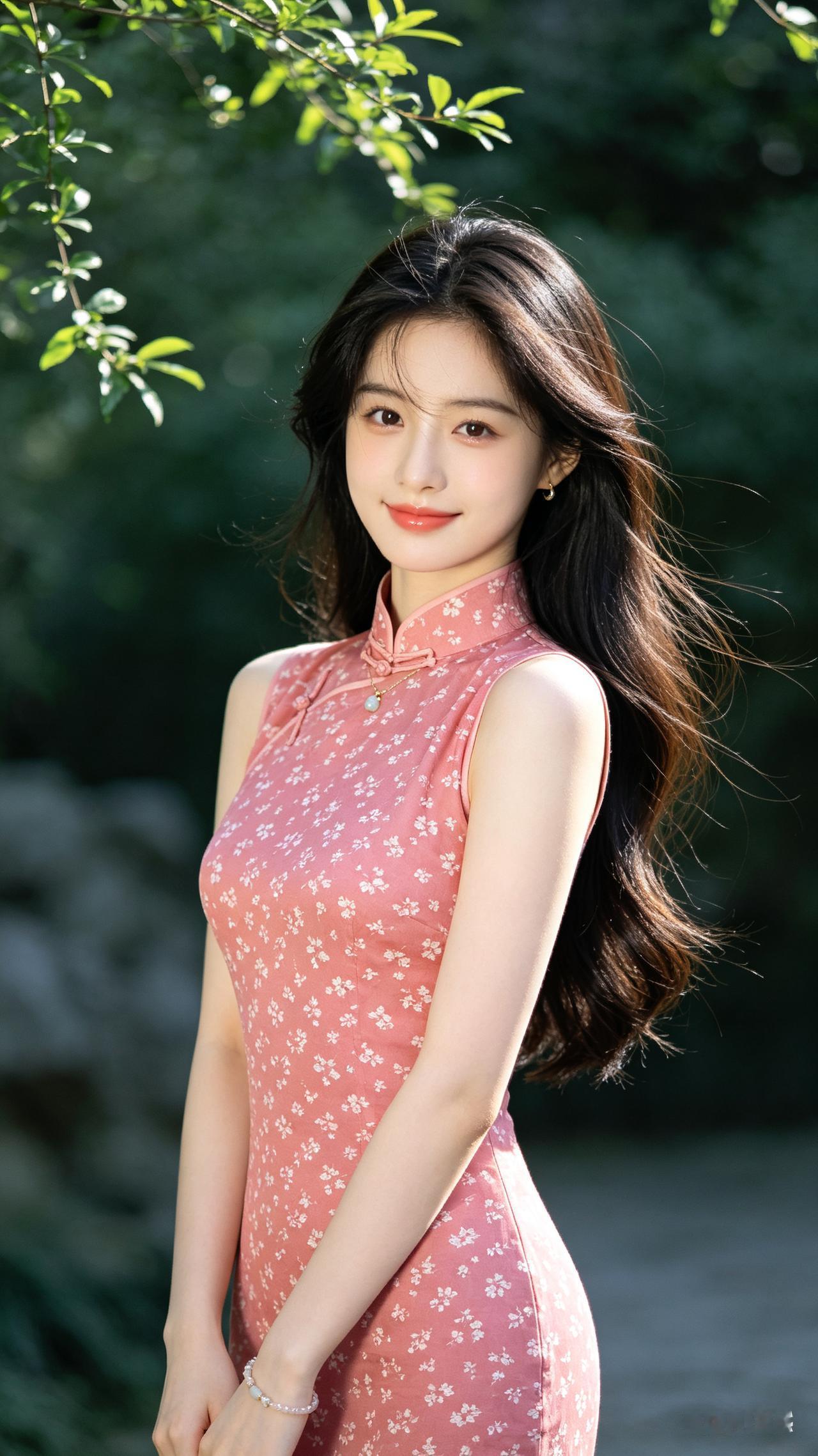 温婉娇小女子披肩柔顺长发轻扬，身着粉底白花中式紧身旗袍，甜美望镜头。冷白陶瓷质感
