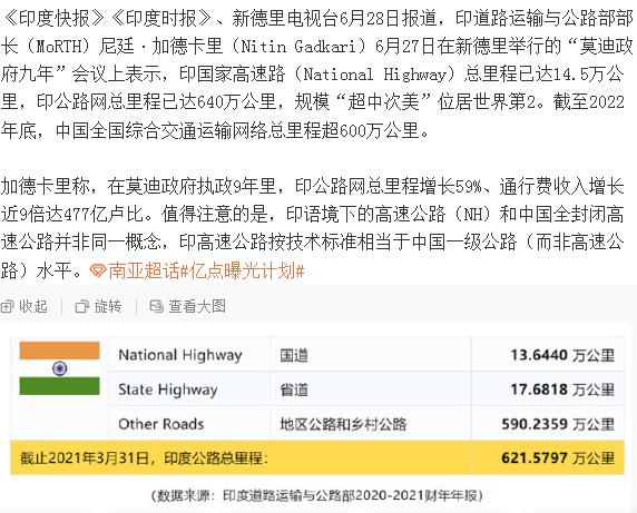 可喜可贺，三哥交通部长6月28日自豪地宣布，印国家高速路总里程已经达到14.5万