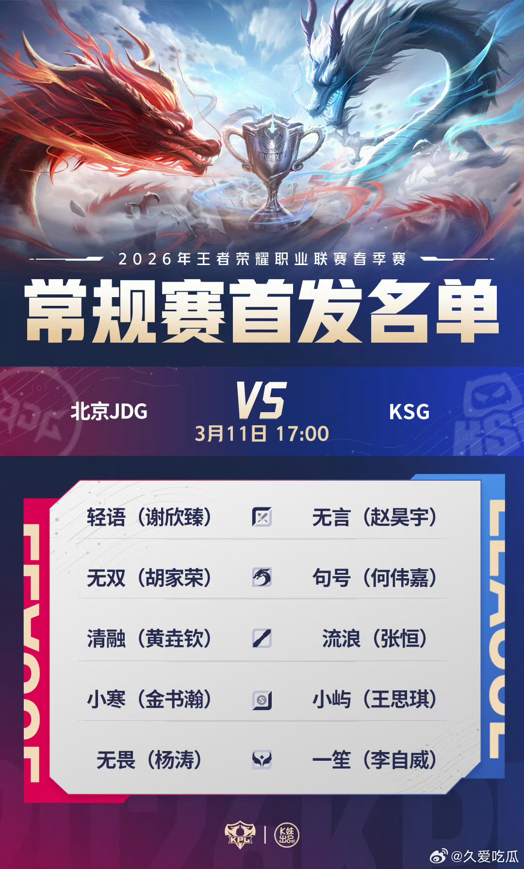 2026KPL春季赛今日首发名单 