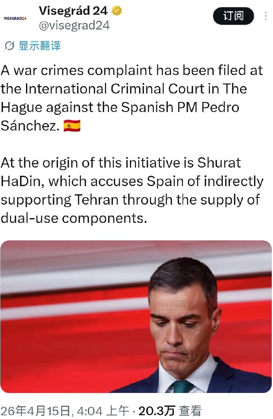 西班牙首相被提交海牙国际刑事法院，面临指控战争罪

2026年4月，海牙国际刑事