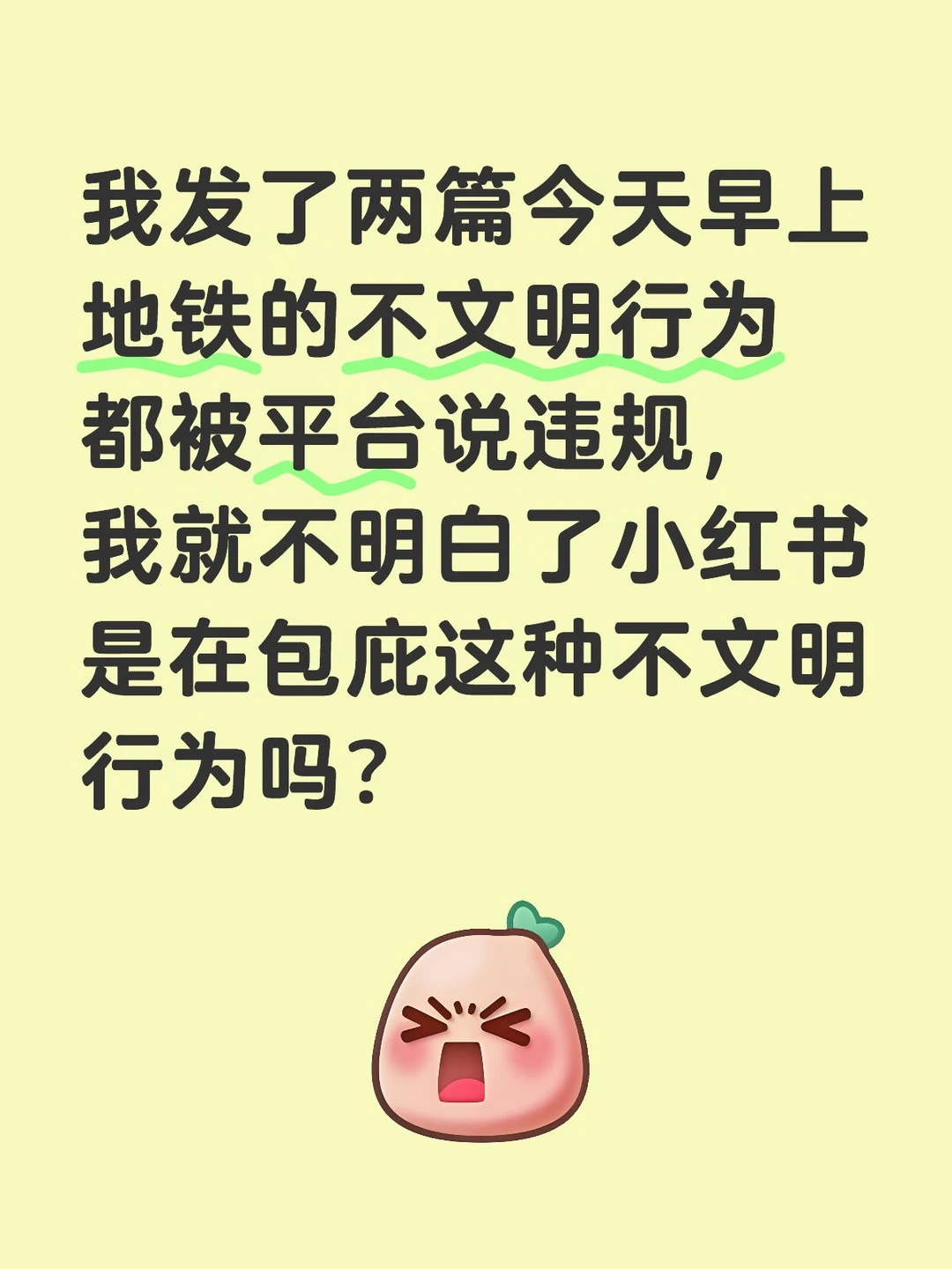 我发了两篇今天早上地铁的不文明行为都被平台说违规，我就不明白了是在包庇...