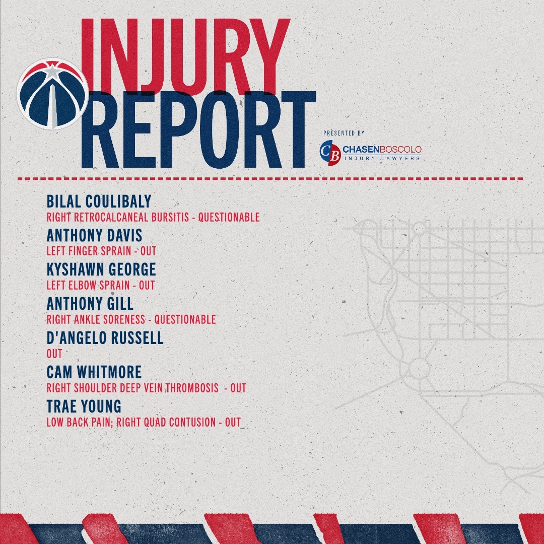 奇才队更新伤病情况：库利巴利、吉尔出战成疑。戴维斯、拉塞尔、乔治、惠特莫尔、特雷