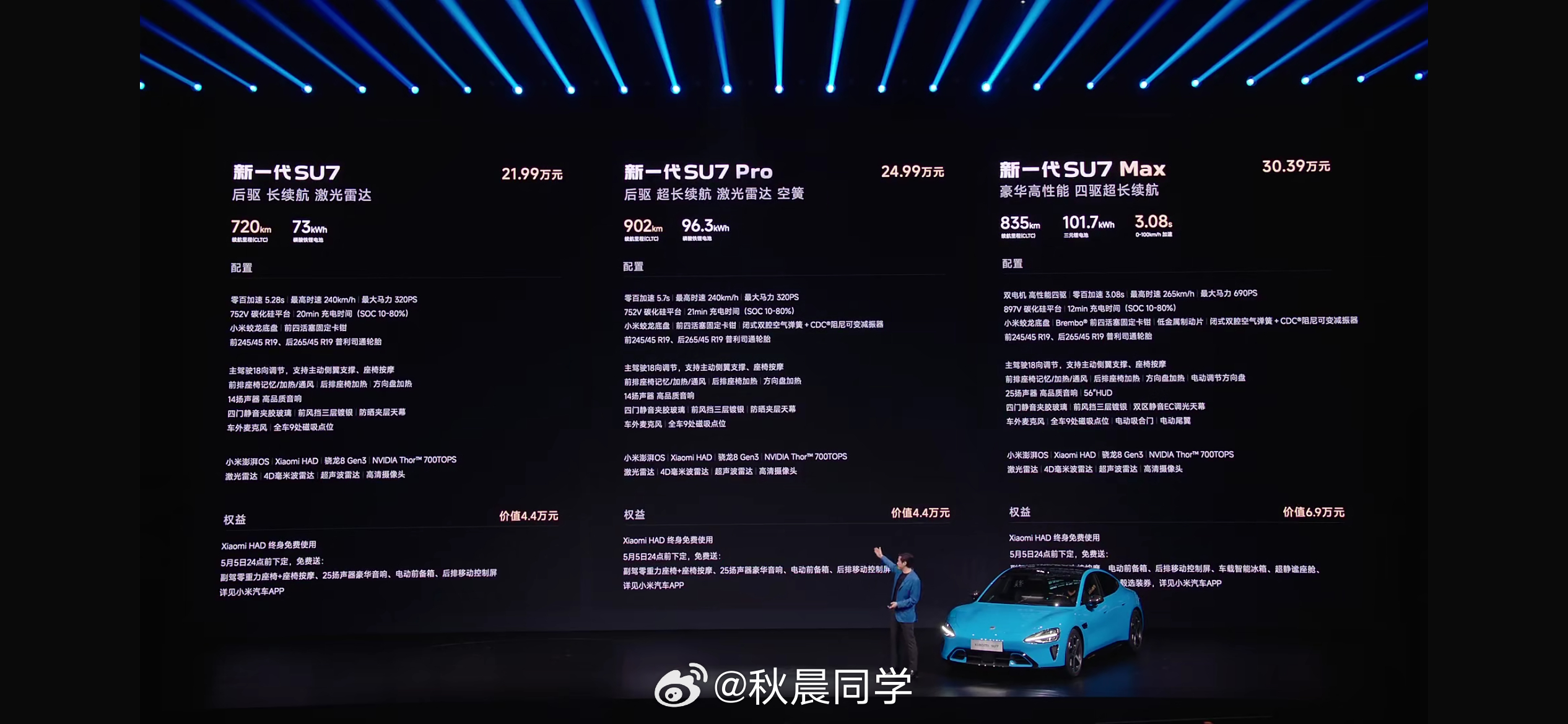 新小米SU7上市了，21.99-30.39万元，比原来贵了4000元，不过配置加