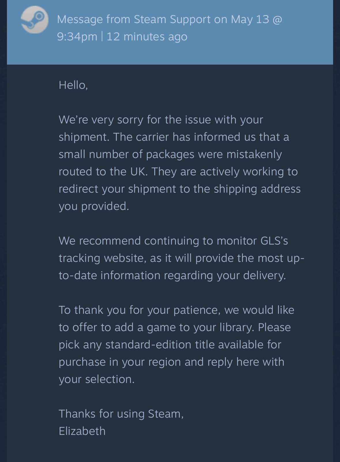 近日，有reddit用户分享了一封Steam 客服邮件截图。邮件中提到，少量包裹