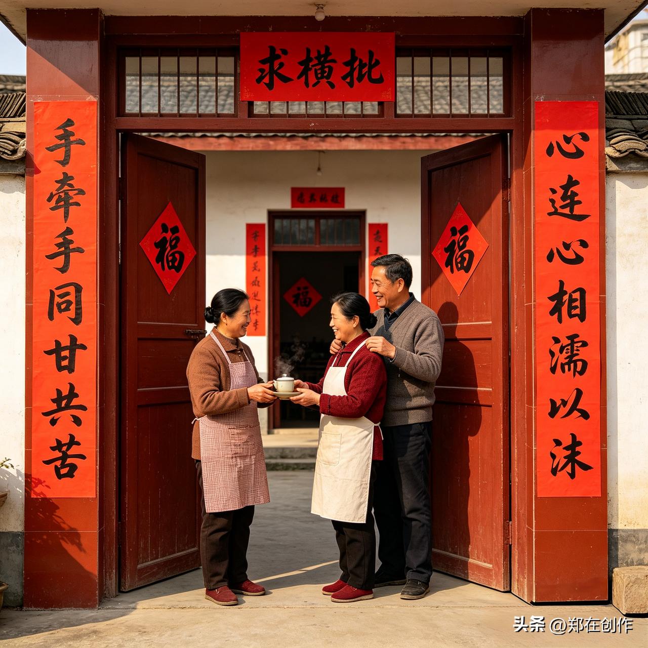 手牵手同甘共苦，心连心相濡以沫，此联描绘相伴相守、患难与共的夫妻温情，画面搭配敞