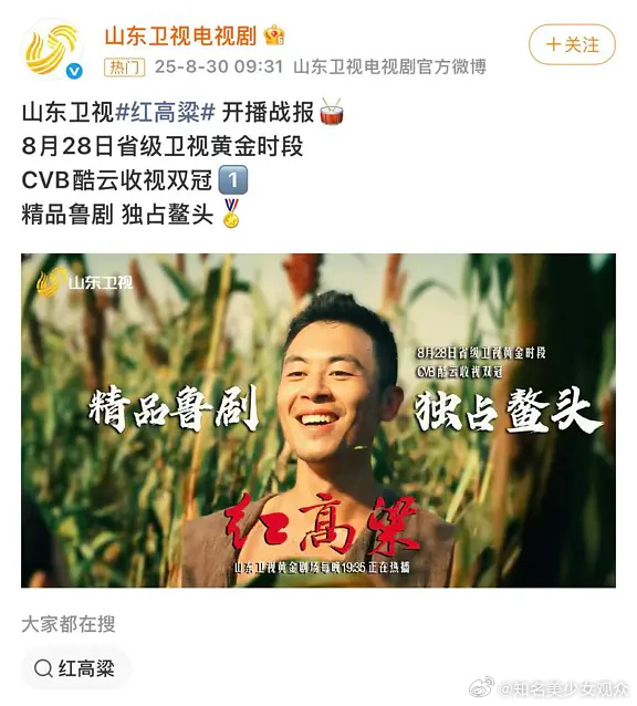红高粱收视说明周迅的路人盘还是大的，山东卫视专门发了战报。收视率还是很能代表下沉
