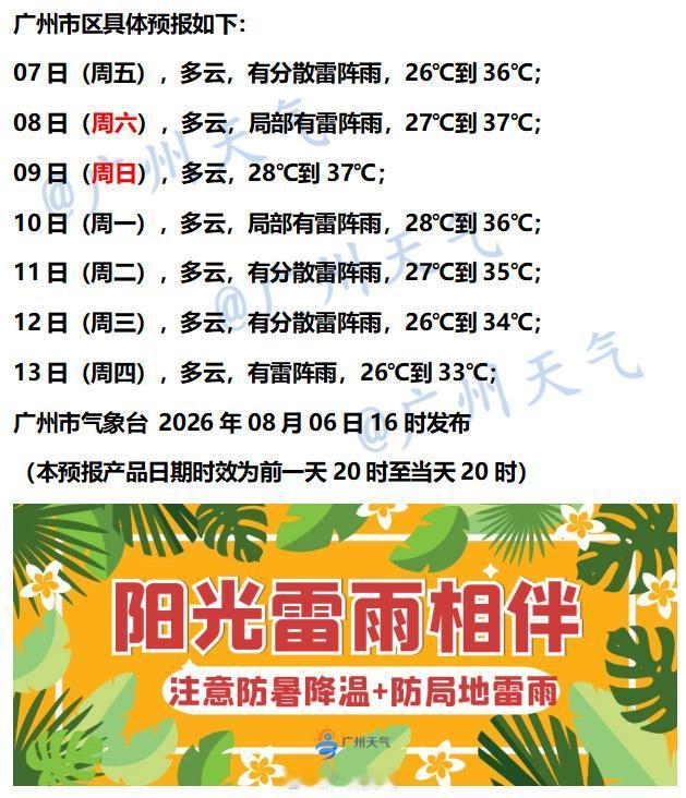 【广州未来七天（8月7日～8月13日）天气概览】全市高温黄色预警已生效，未来三天