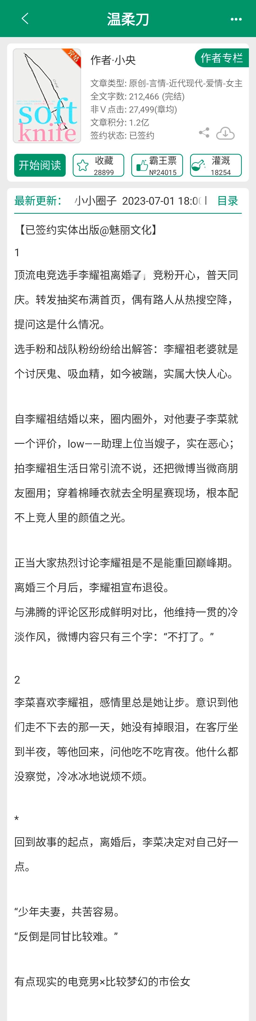 《温柔刀》小央小说不长，只有21万字，现实平淡。小说开篇，灰蒙蒙的一片就像女主的