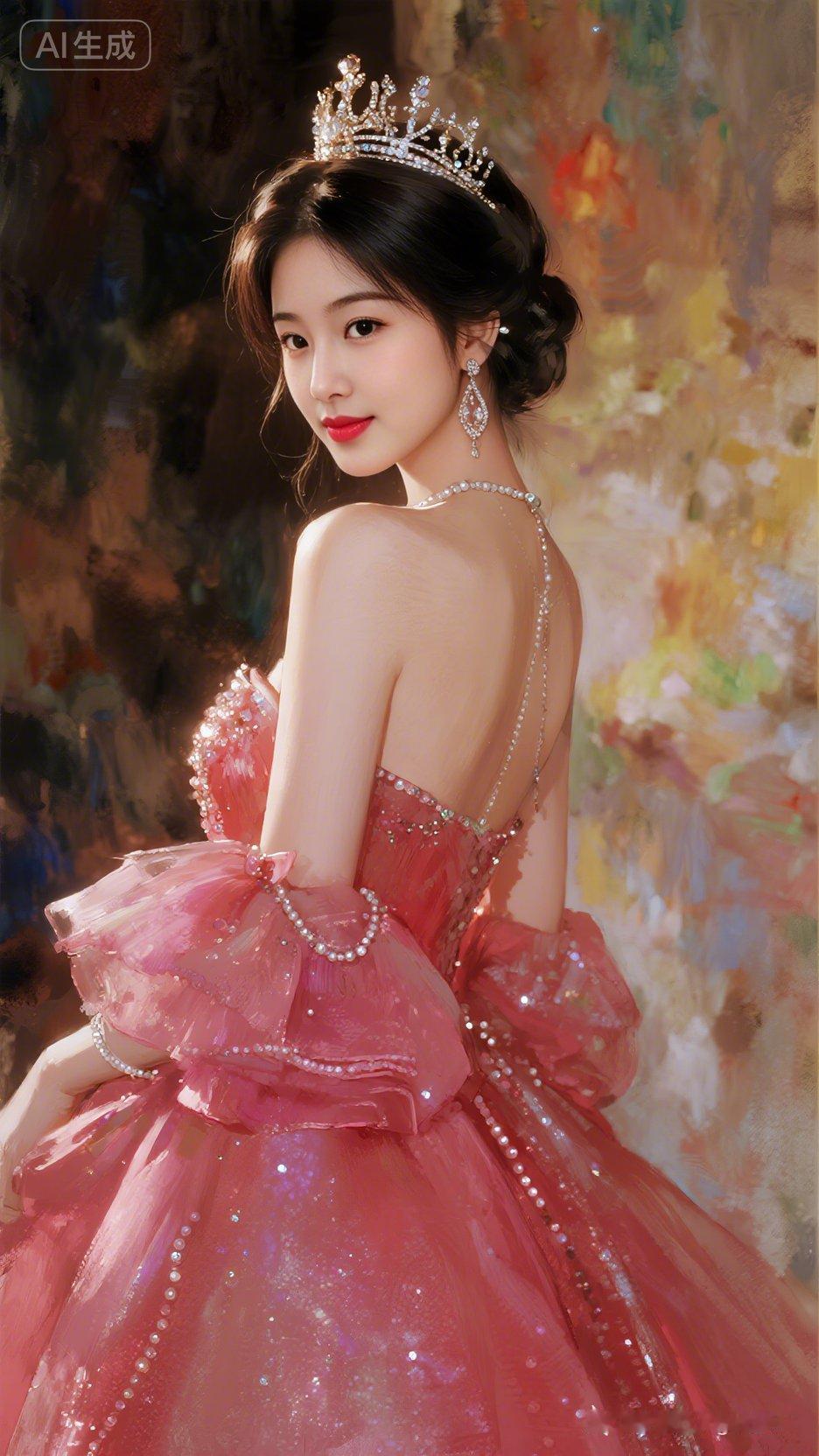 精致少女着暗粉甜心罩衫裙，满裙荧光珍珠错落，王冠耳坠衬美颜，碎钻裙摆叠珠光，走动