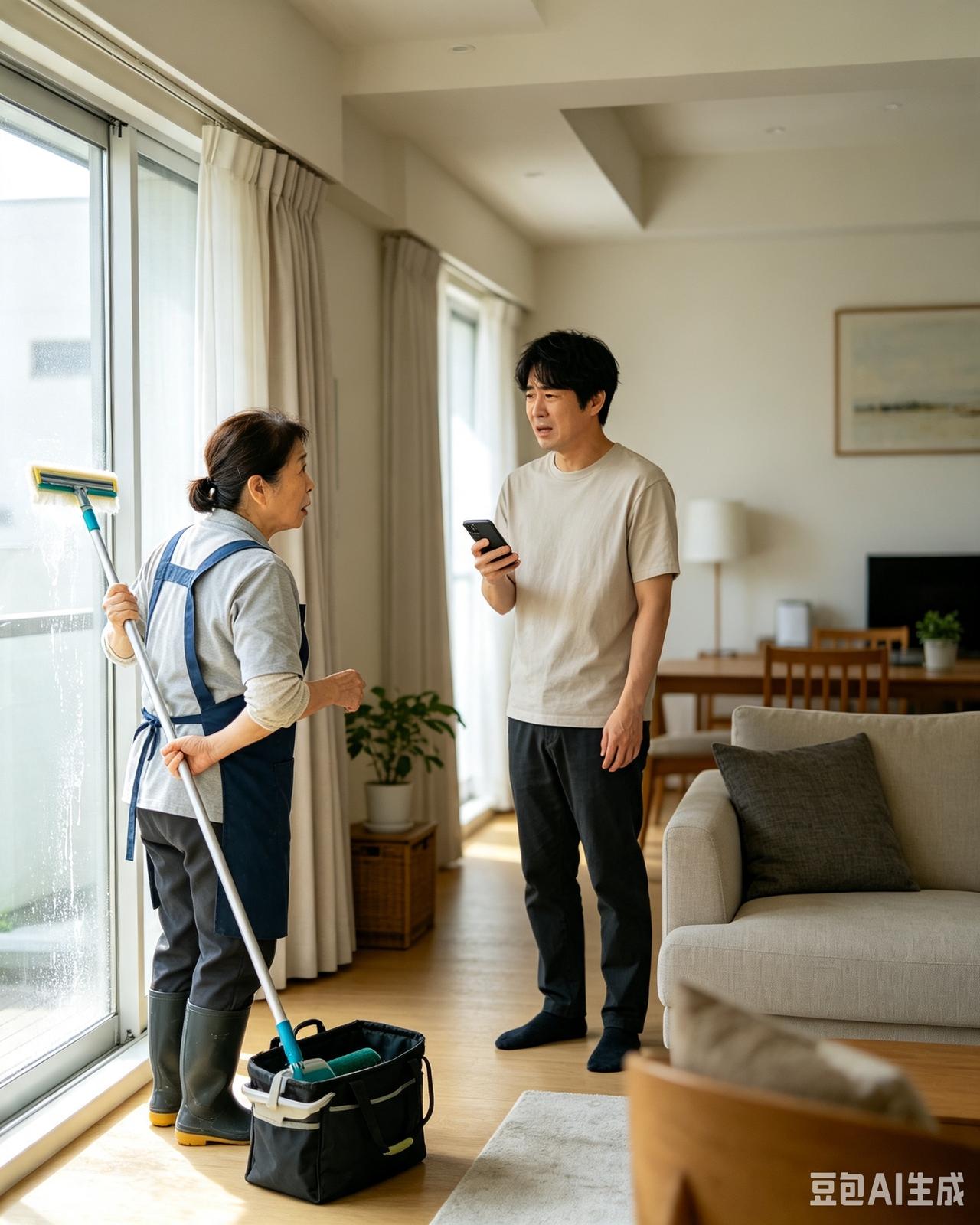 钟点工正在客厅擦窗。男主人走过来说，大姐，你去把你的工具收拾一下，准备下户。钟点