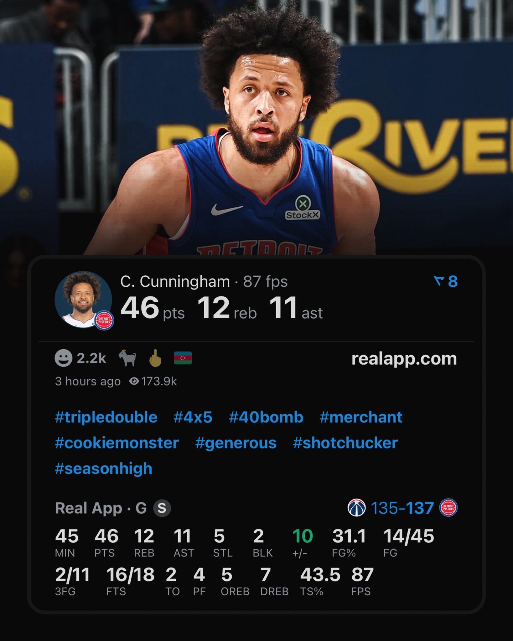 CJ最后时刻三分投到侧板，绝平冲筐也没进，活塞137比135险胜奇才拿到7连胜。