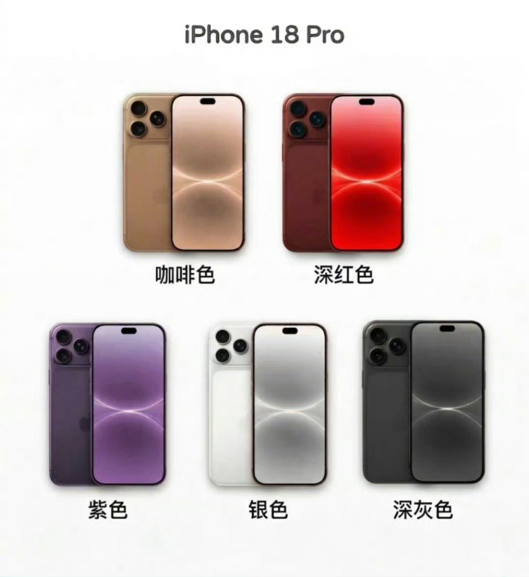iPhone18Pro配色前瞻今年iPhone 18Pro缩小灵动岛增加相机可变