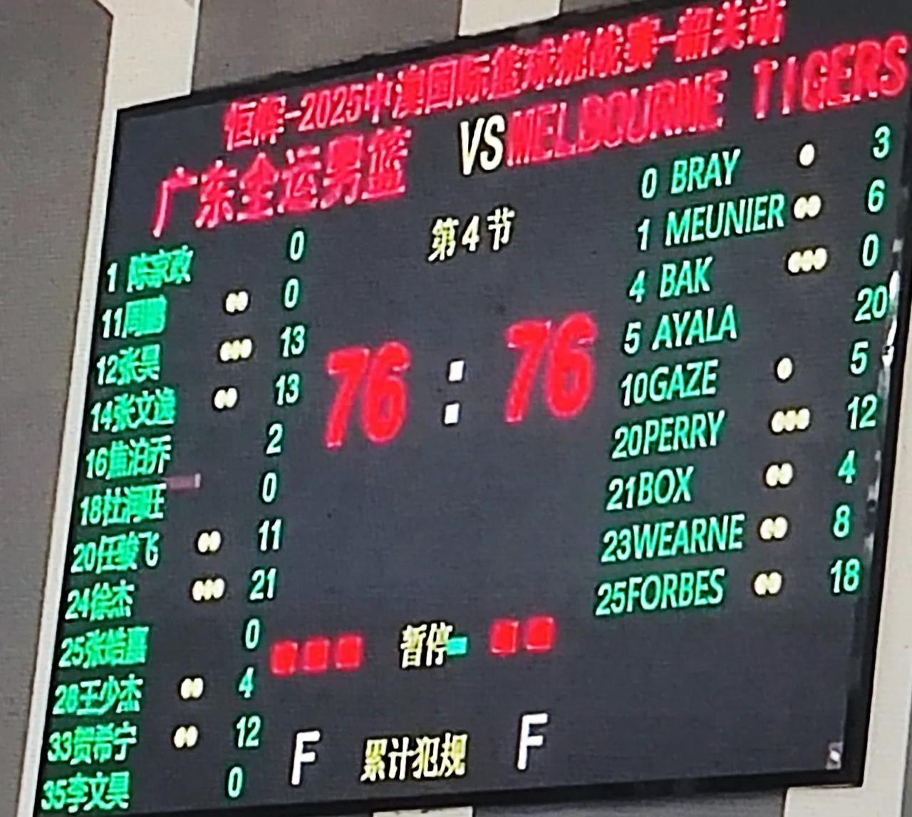 广东球迷的狂热度，令人莞尔。
一场广东全运队对墨尔本老虎队比赛，76-76平分秋