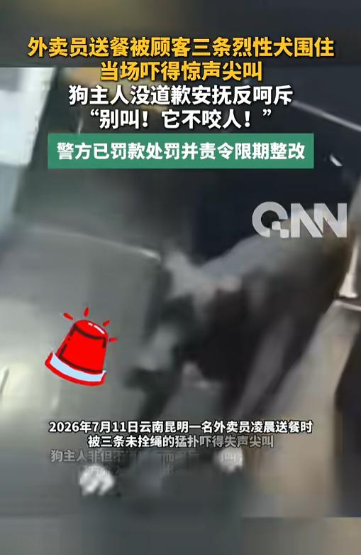 “你说不咬人就不咬人了？”7月21日报道，云南昆明，一外卖员凌晨送外卖时，被顾客
