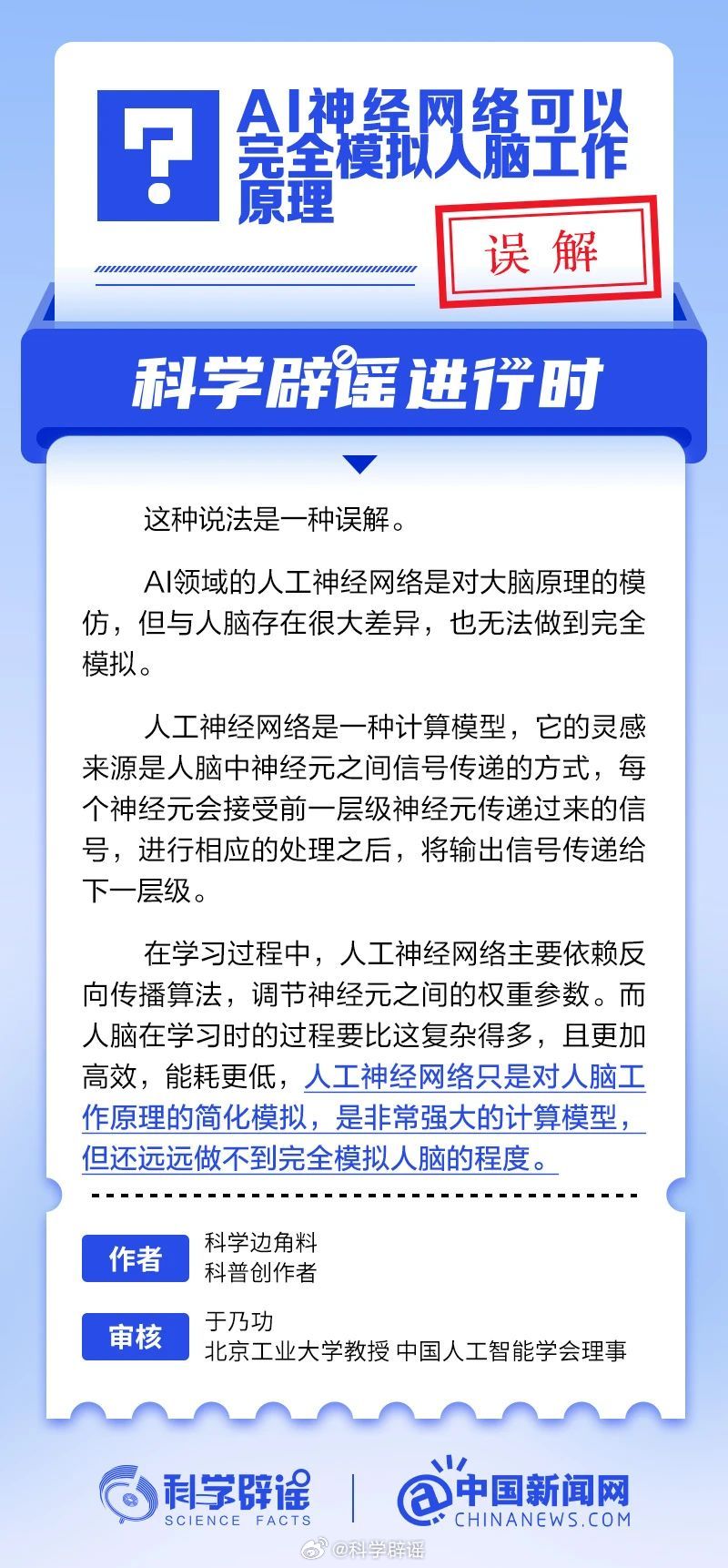 科学辟谣进行时 【AI神经网络可以完全模拟人脑工作原理？并不是】AI领域的人工神