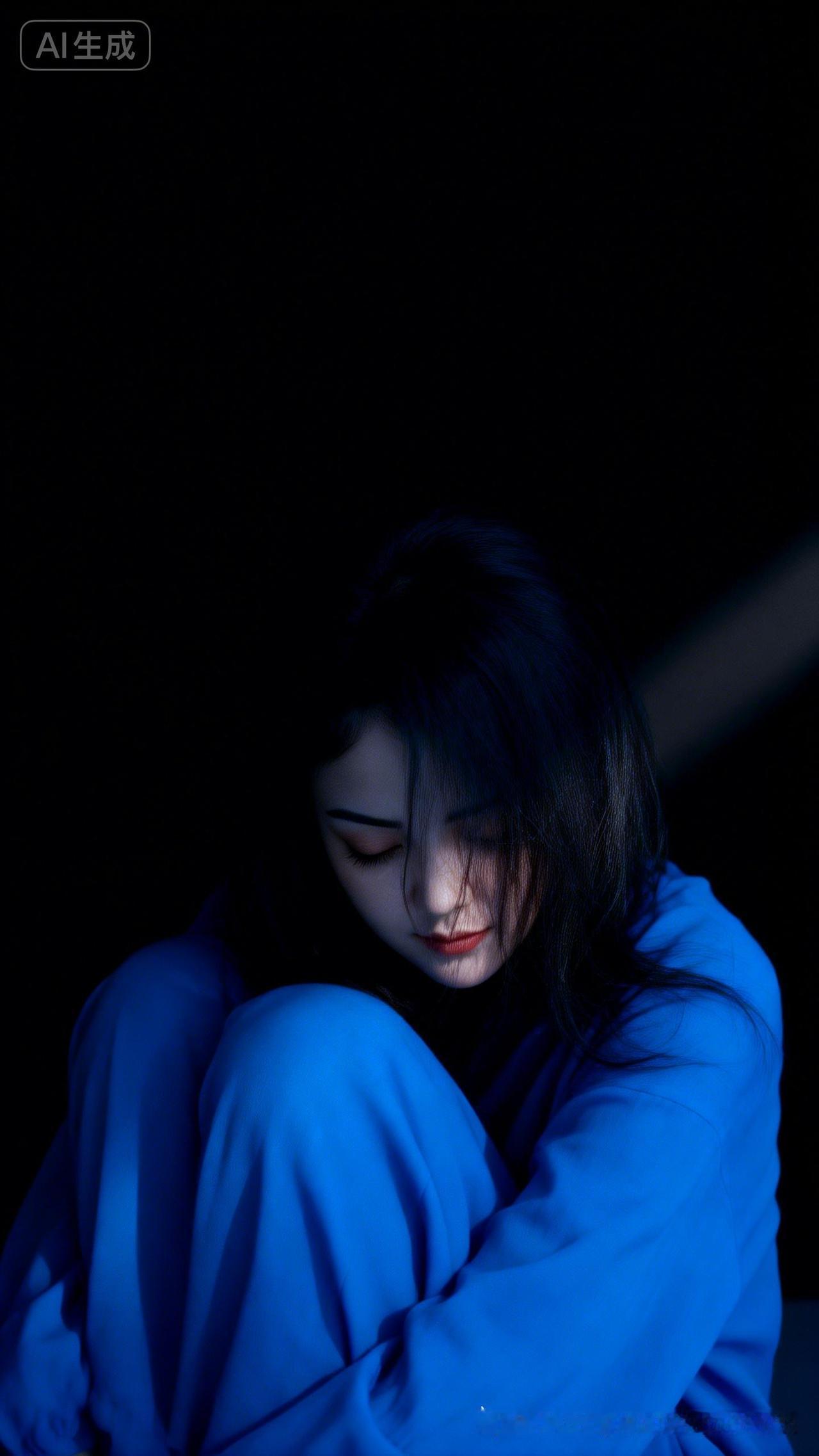 纯黑背景，一束斜窄光勾勒轮廓，女人低头闭眼，中长黑发垂落遮面，神情放空脆弱。蓝色