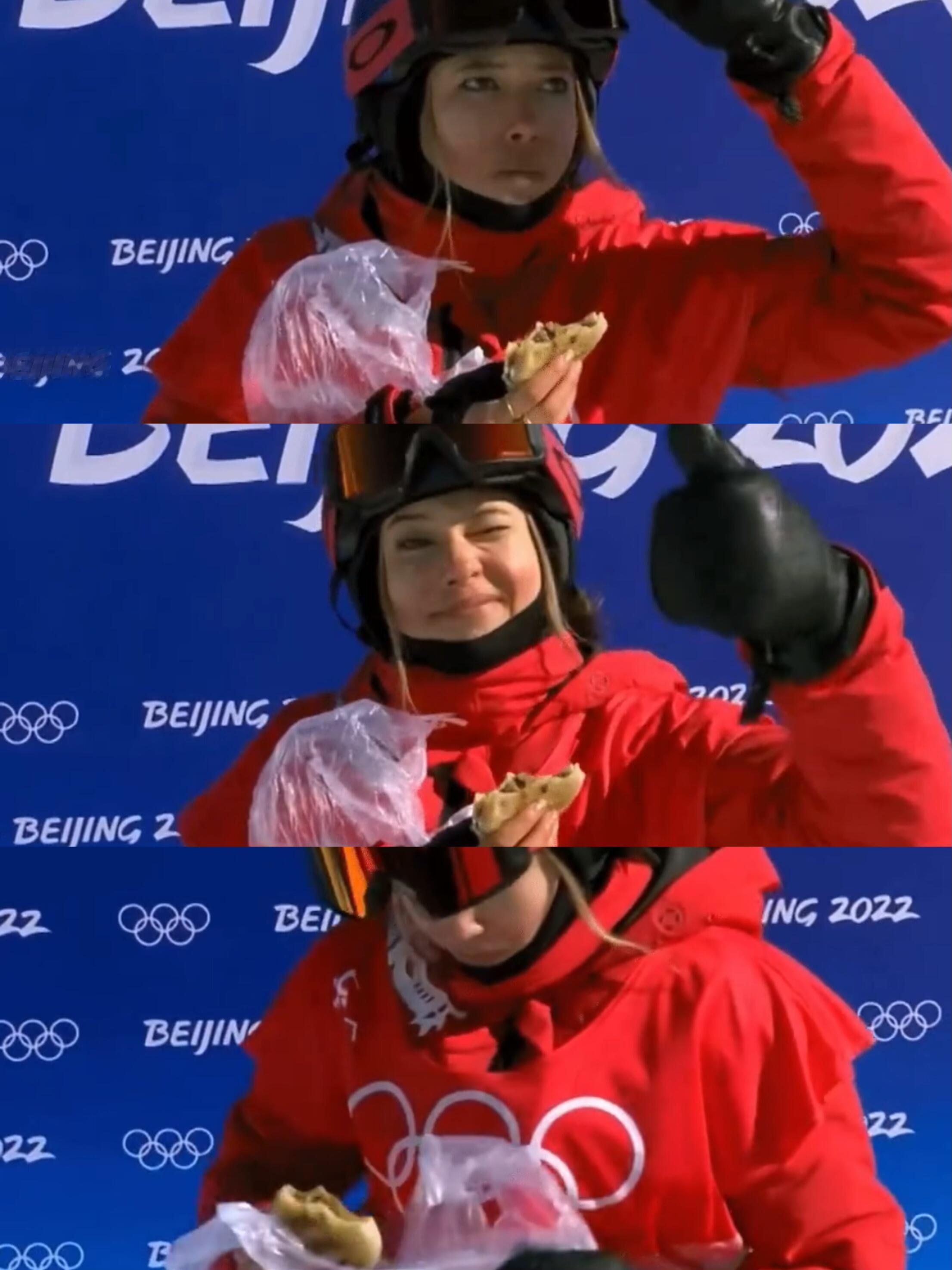 谷爱凌回应赛场吃韭菜盒子北京时间2月15日，在晋级冬奥会自由式滑雪女子大跳台决赛
