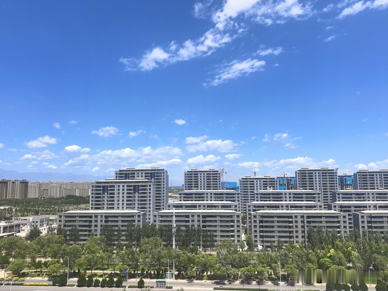 晴空楼宇绿树，城市风光清朗怡人。
