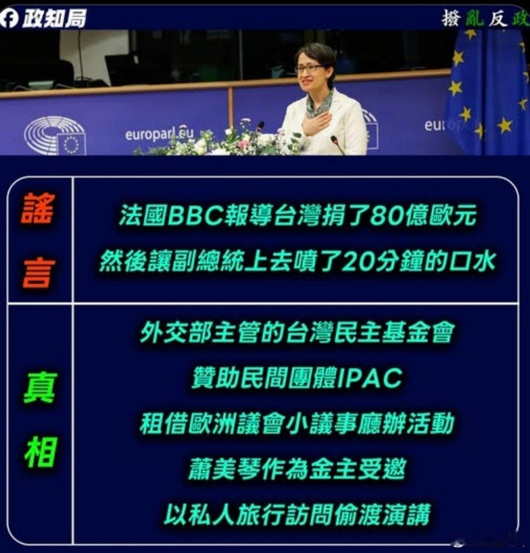 【萧美琴“欧洲议会演讲”真相】这两天，岛内社会对萧美琴在“欧洲议会演讲”一片嘲讽