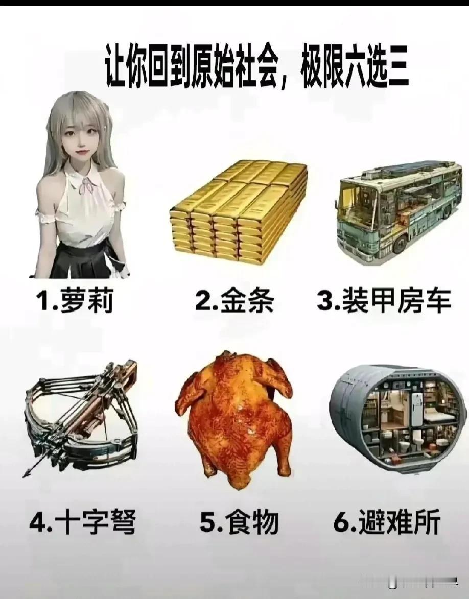 让你回到原始社会，
极限六选三。
我选156。
住在避难所里，
有充足的食物，