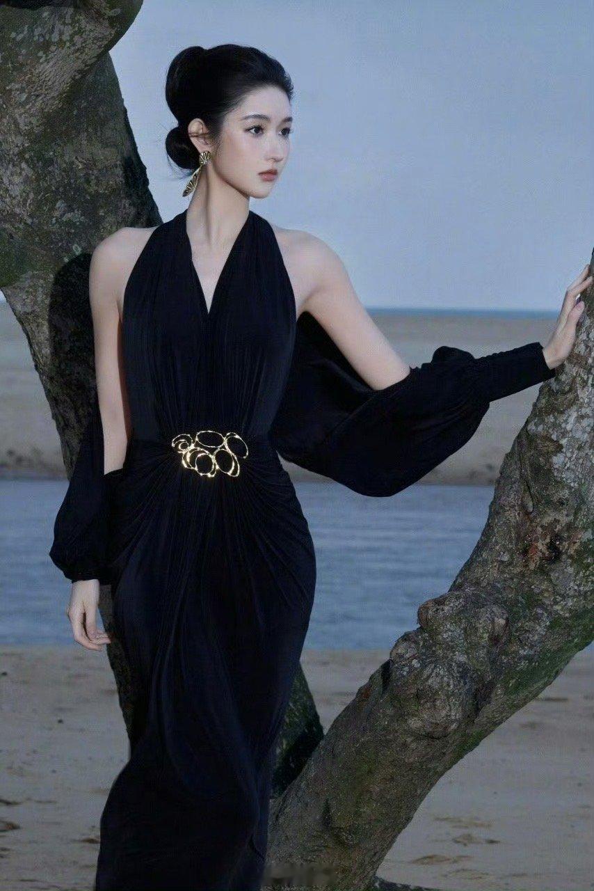 王玉雯暗夜黑天鹅 一袭挂脖丝绒黑裙，于暗夜海边化身黑天鹅。海风拂动裙摆，光影雕刻