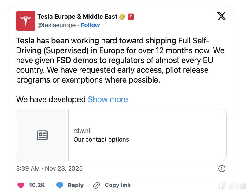 特斯拉宣布欧洲FSD预计获批日期，监管机构否认特斯拉在推特上宣布了一个好消息，荷