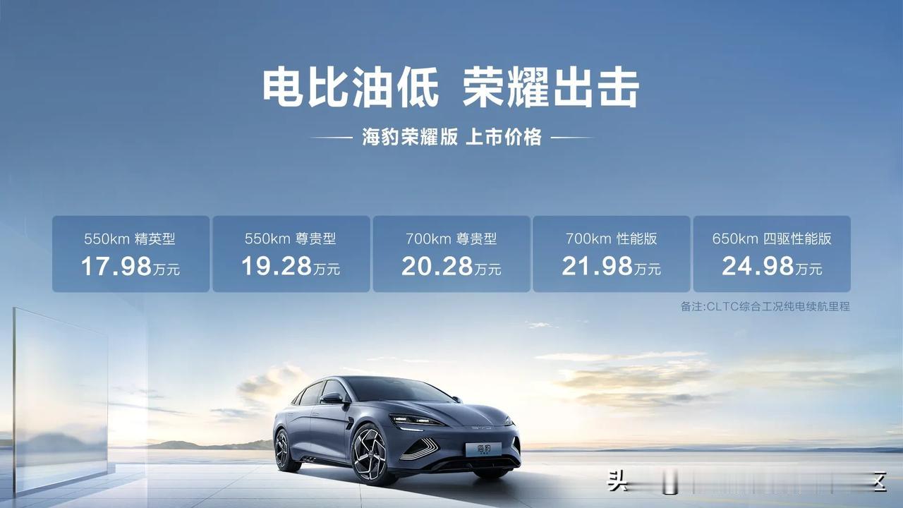 比亚迪海豹的荣耀版终于来了，售价17.98-24.98万元[思考]
跟去年的冠军