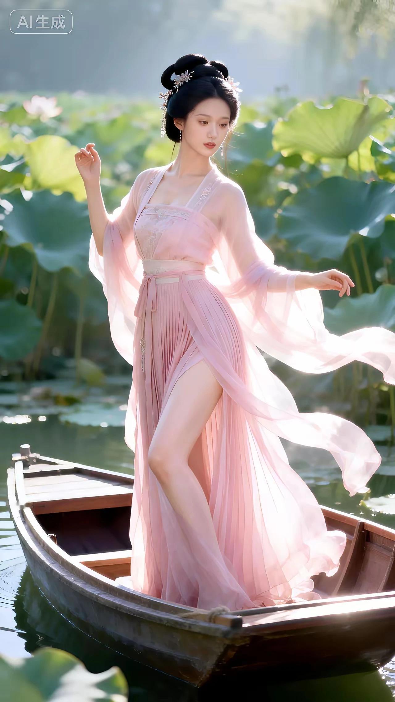 满塘荷花浮暗香，
出水芙蓉雾霓裳。
此女只应天上有，
人间难得几回赏。